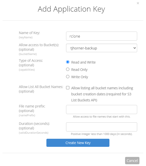 B2's "Add Application Key" dialog, with the recommended values listed above.