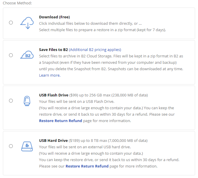 A list of Backblaze's data recovery options, as seen on their website.