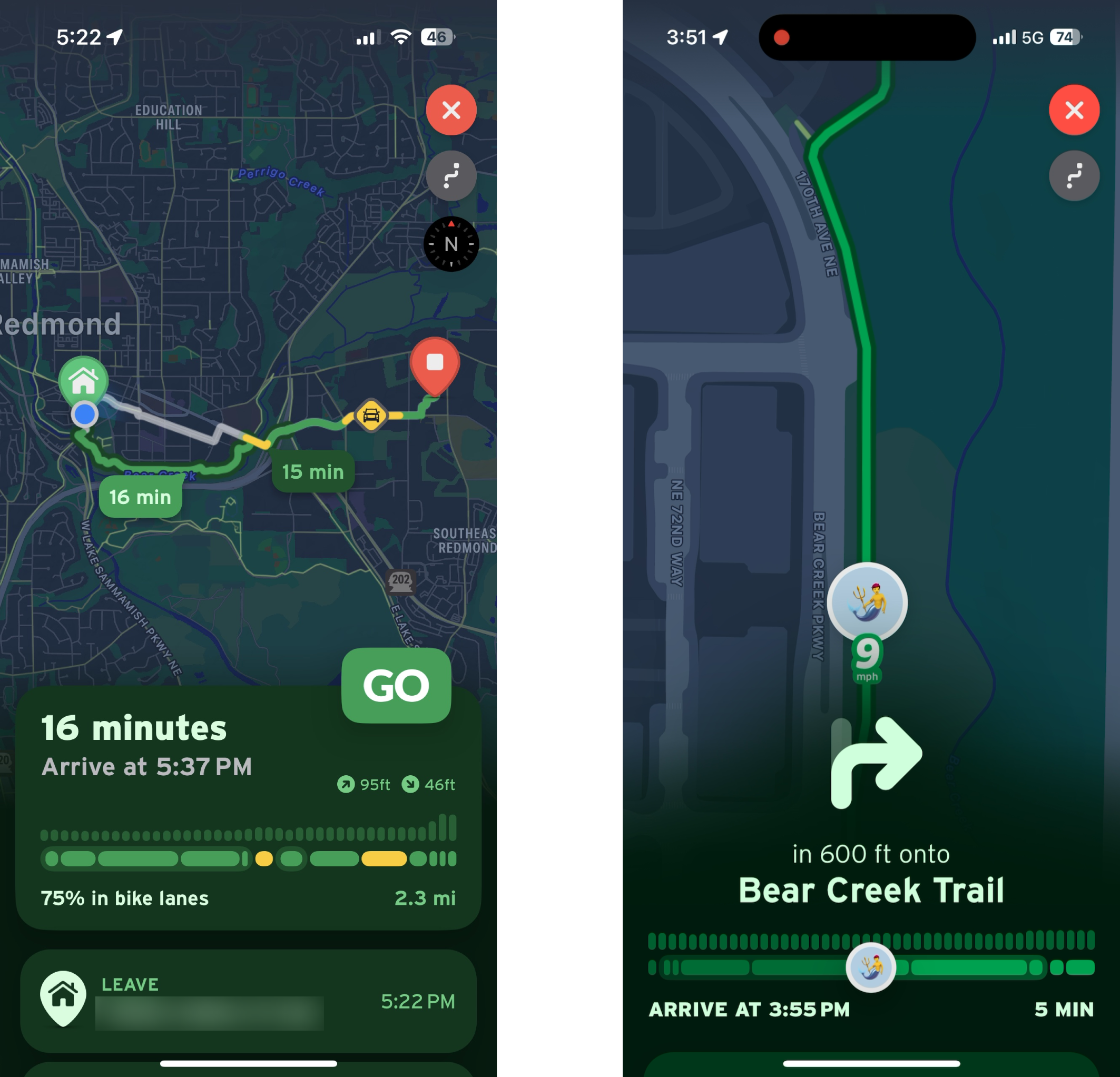 Two screenshots from the Transit app. First: A route summary; a map overview of the route is displayed in the top half, with the route highlighted and segmented based on safety. The bottom half reads: "16 minutes. Arrive at 5:37 PM." Below that is elevation data, then "75% in bike lanes". Second screenshot: Turn-by-turn navigation of the same route, with a pictogram of a right turn arrow, followed by "in 600 ft onto Bear Creek Trail". Below that is the elevation data once again, and a bar indicating progress of the route.