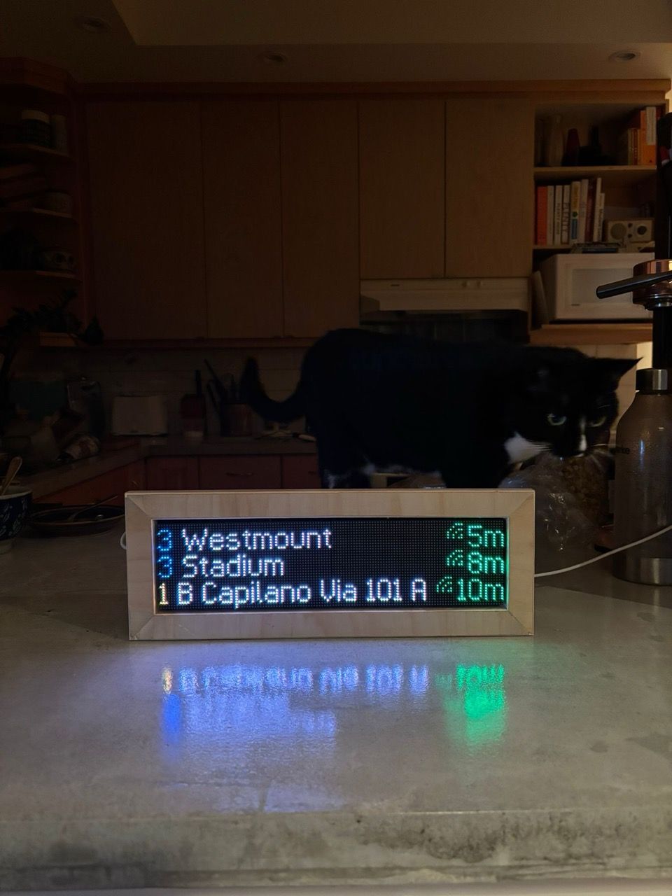 A Transit Tracker with a light wooden frame on a marble table. There is a tuxedo cat behind the Transit Tracker.